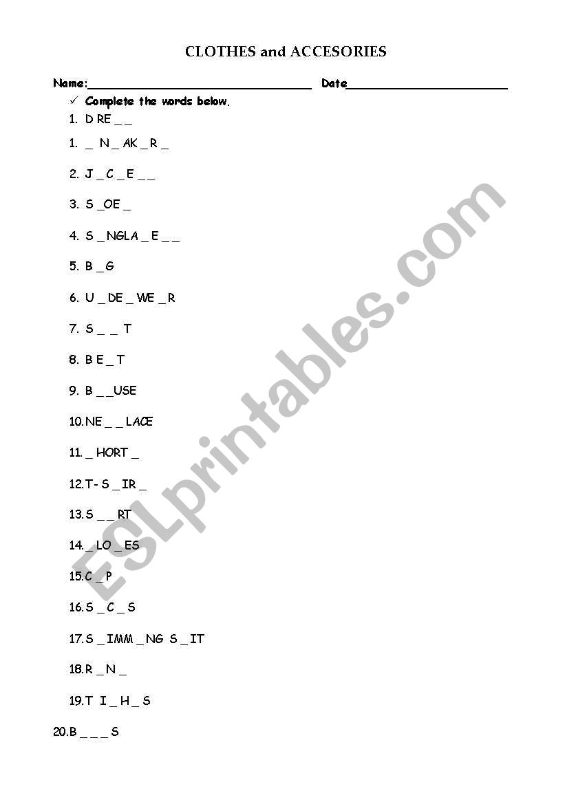 Clothes worksheet