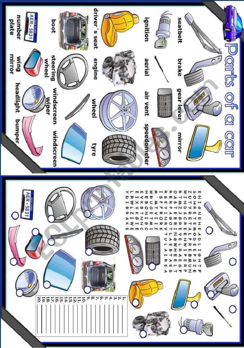 Parts of a car worksheet