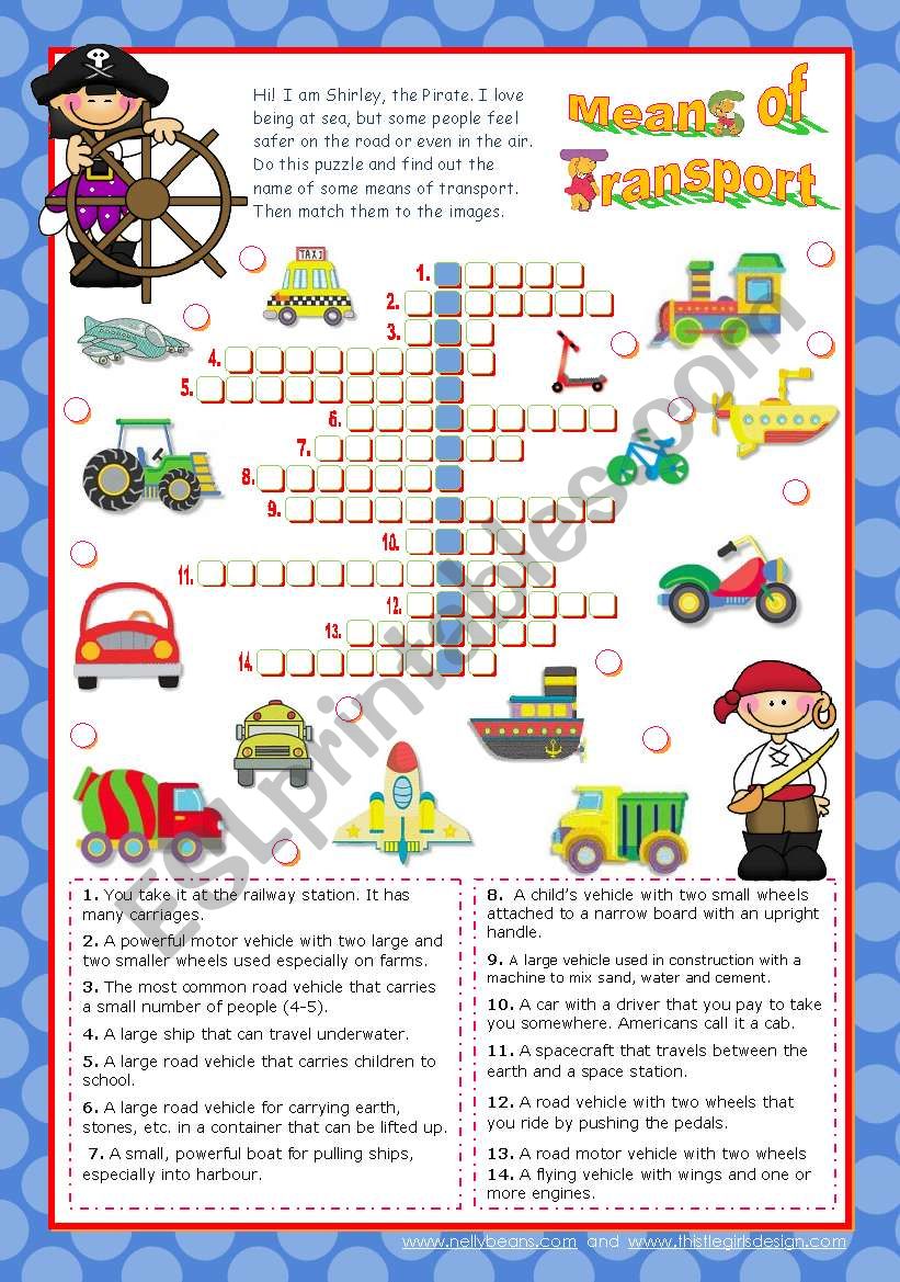 Means of Transport Crossword Puzzle for Elementary or Lower