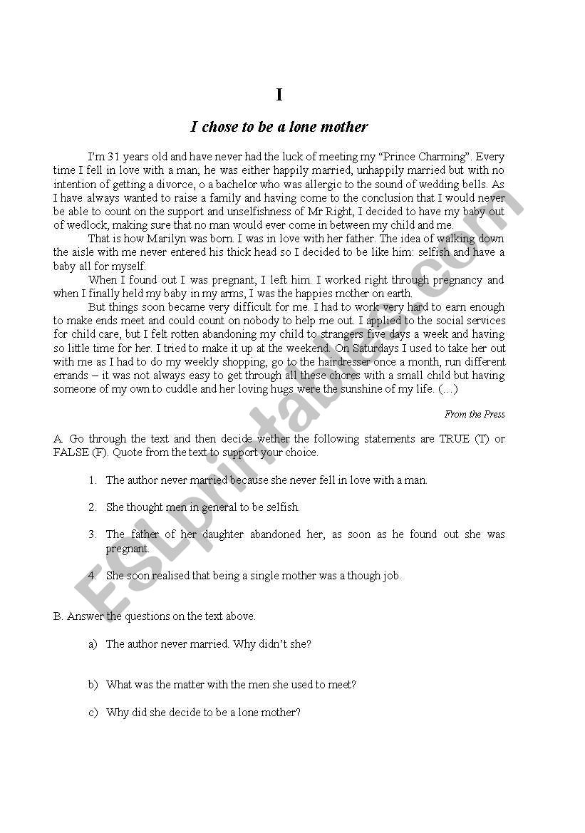 Chose to be a lonely mother worksheet