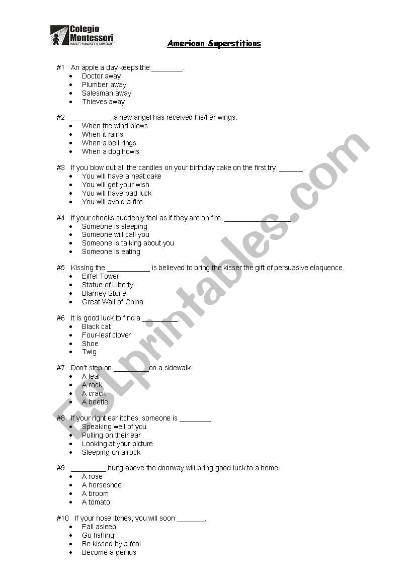 American Superstitions worksheet