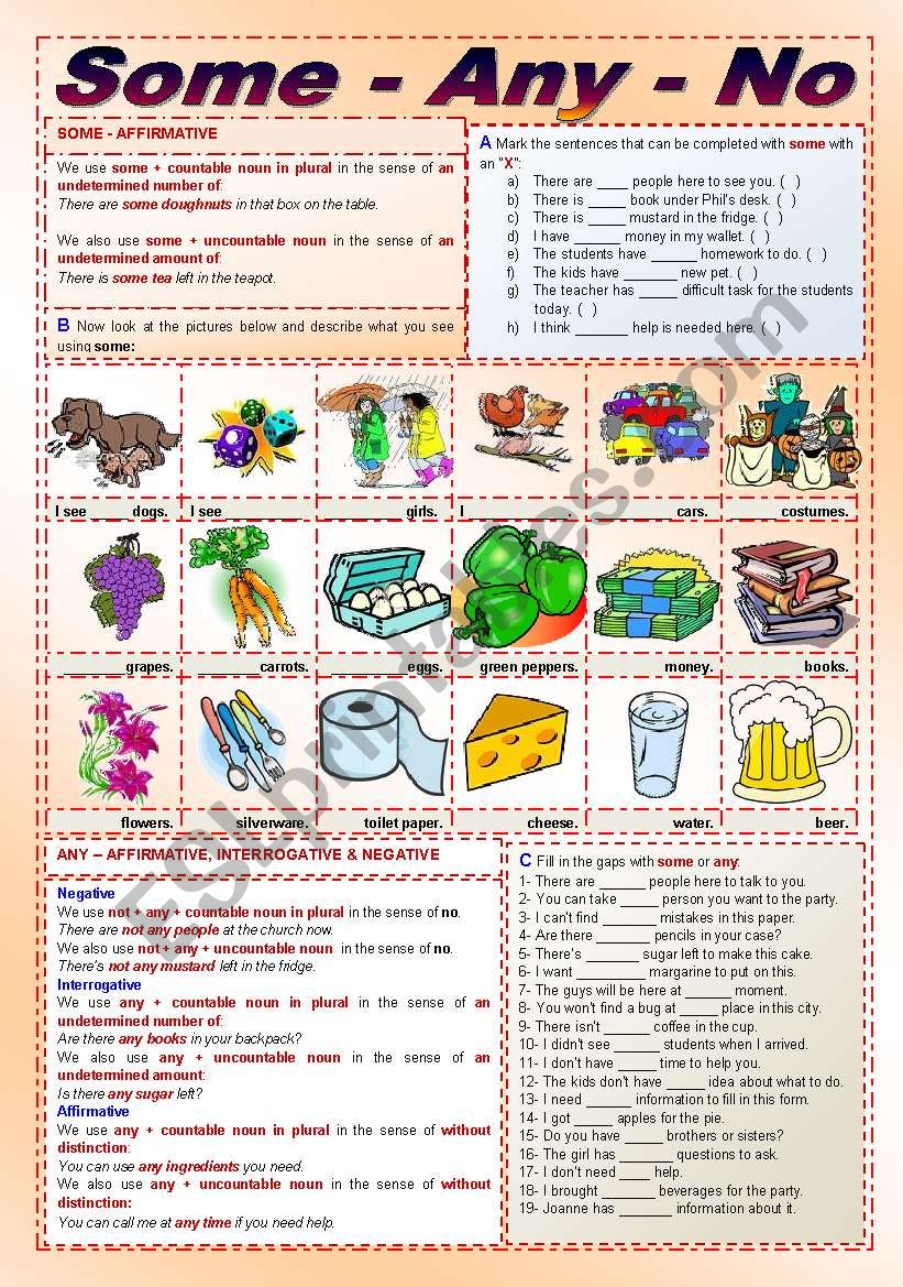 Some, any & no - Guide with exercises (keys included) 