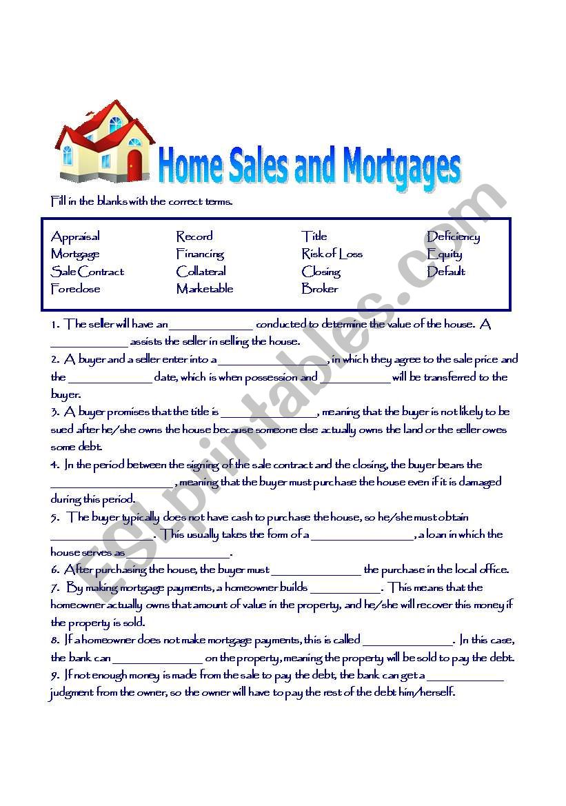 Home Sales and Mortgages worksheet