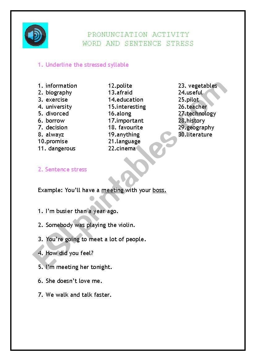 English Worksheets WORD AND SENTENCE STRESS