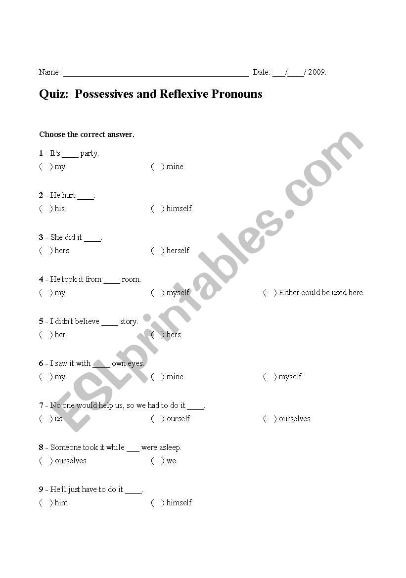 Quiz:  Possessives and Reflexive Pronouns