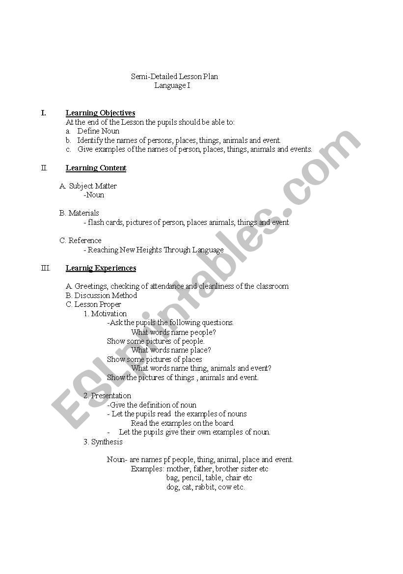 Semi-Detailed Lesson Plan worksheet