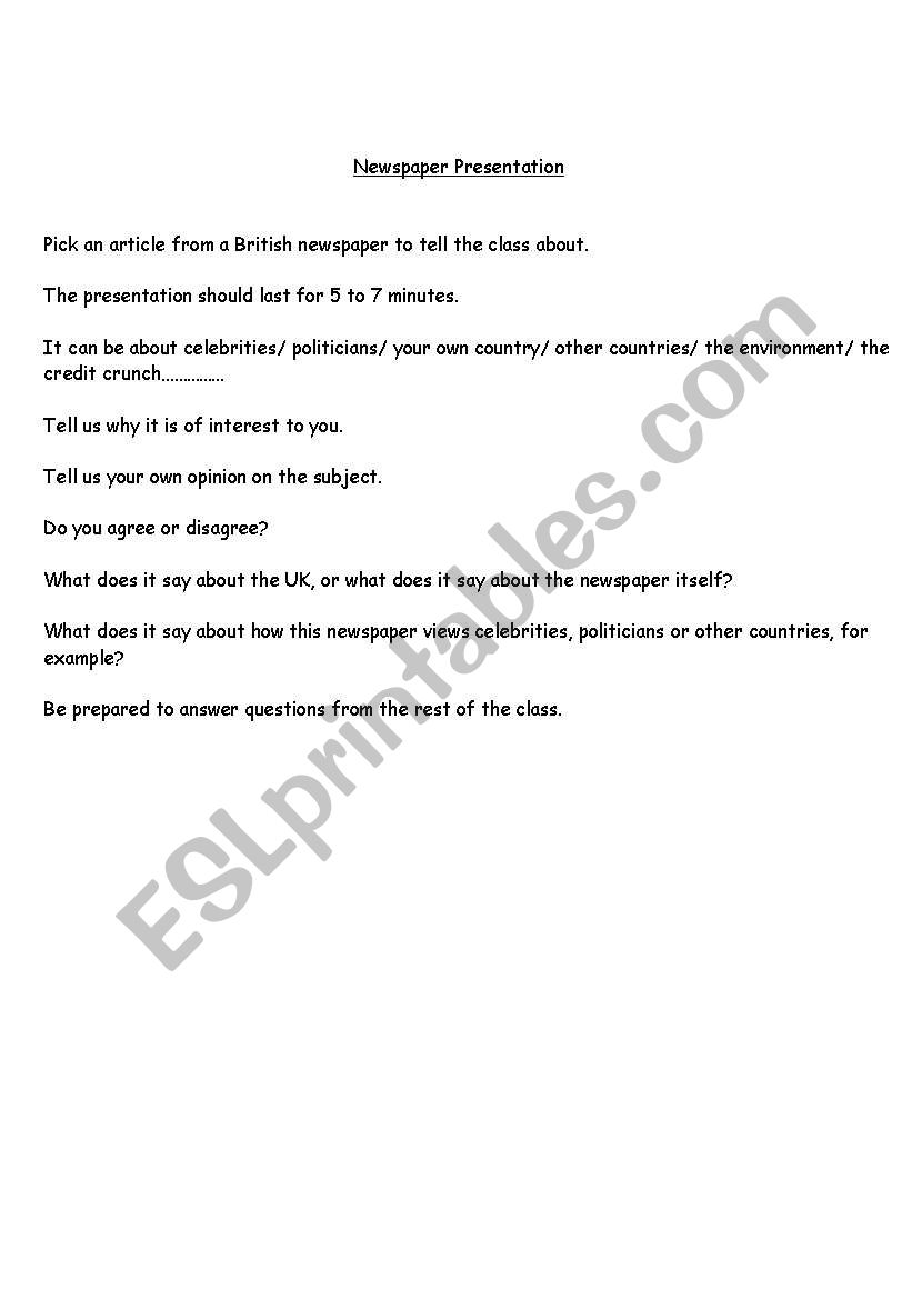 Newspaper Presentation task sheet