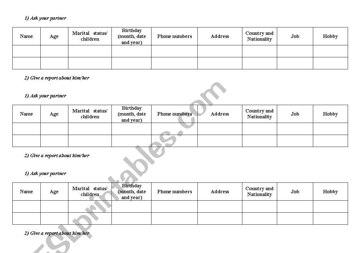 Personal information worksheet