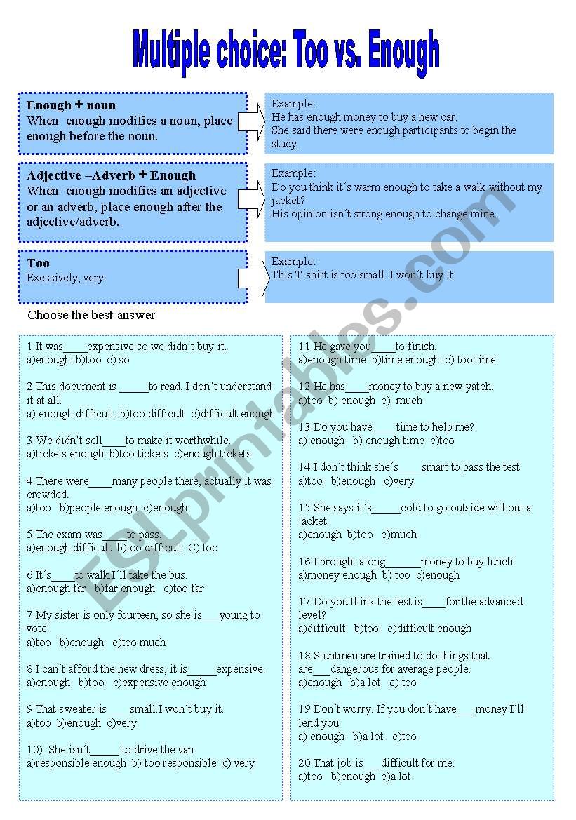 Multiple choice:too vs enough worksheet