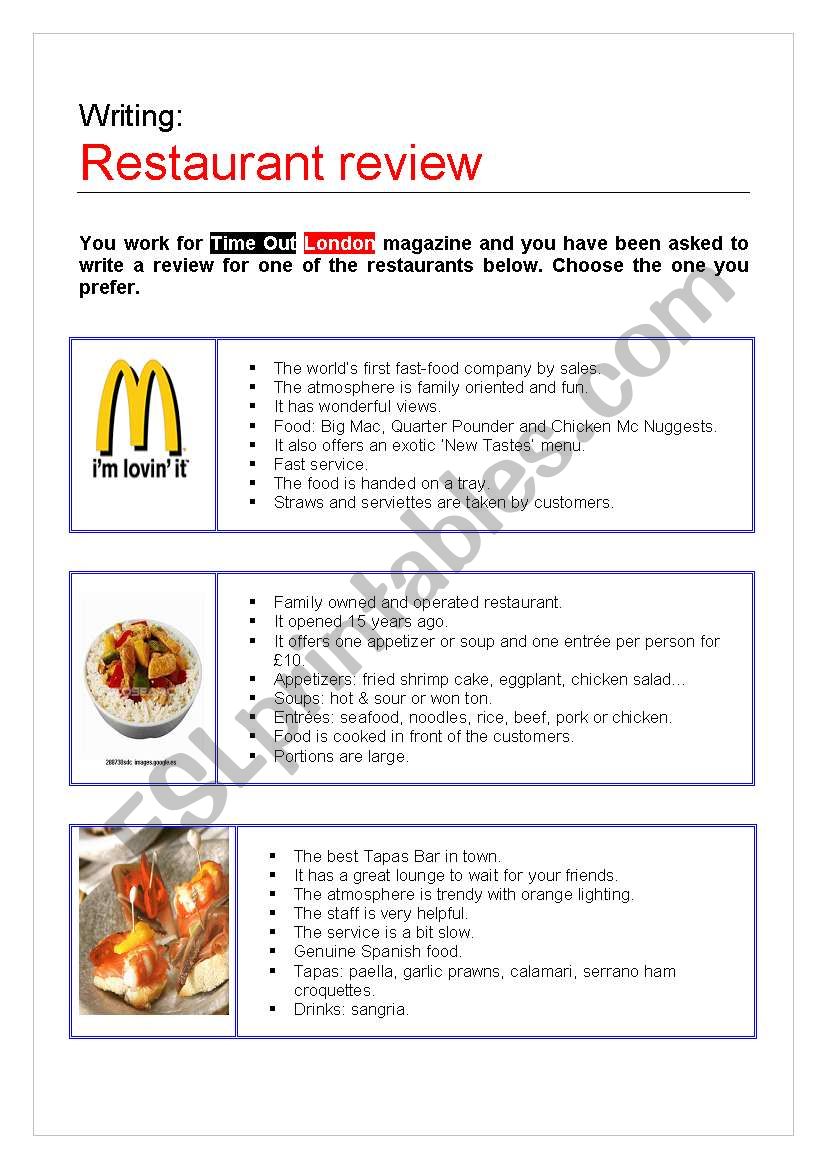 Writing a Restaurant Review - ESL worksheet by moonsoler