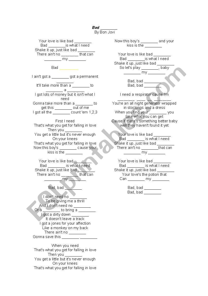 Bad Medicine by Bon Jovi worksheet