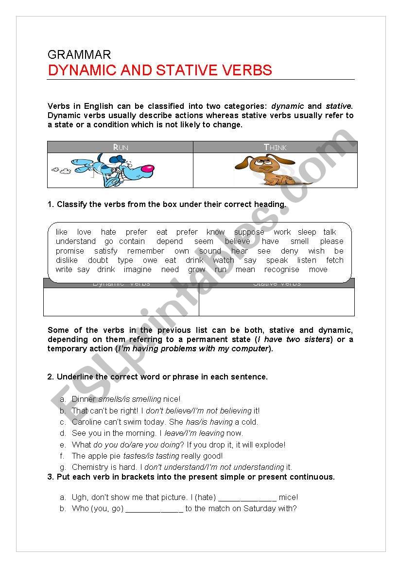 Active and Stative Verbs worksheet