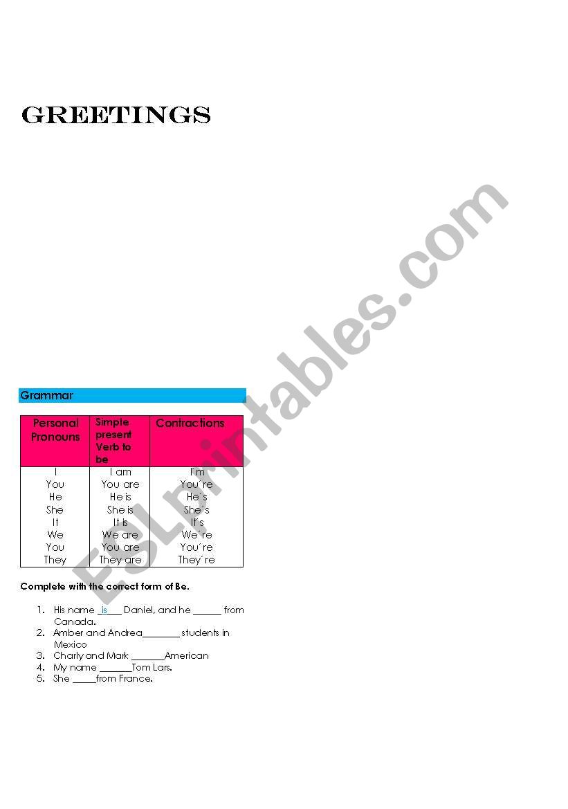 Greetings worksheet