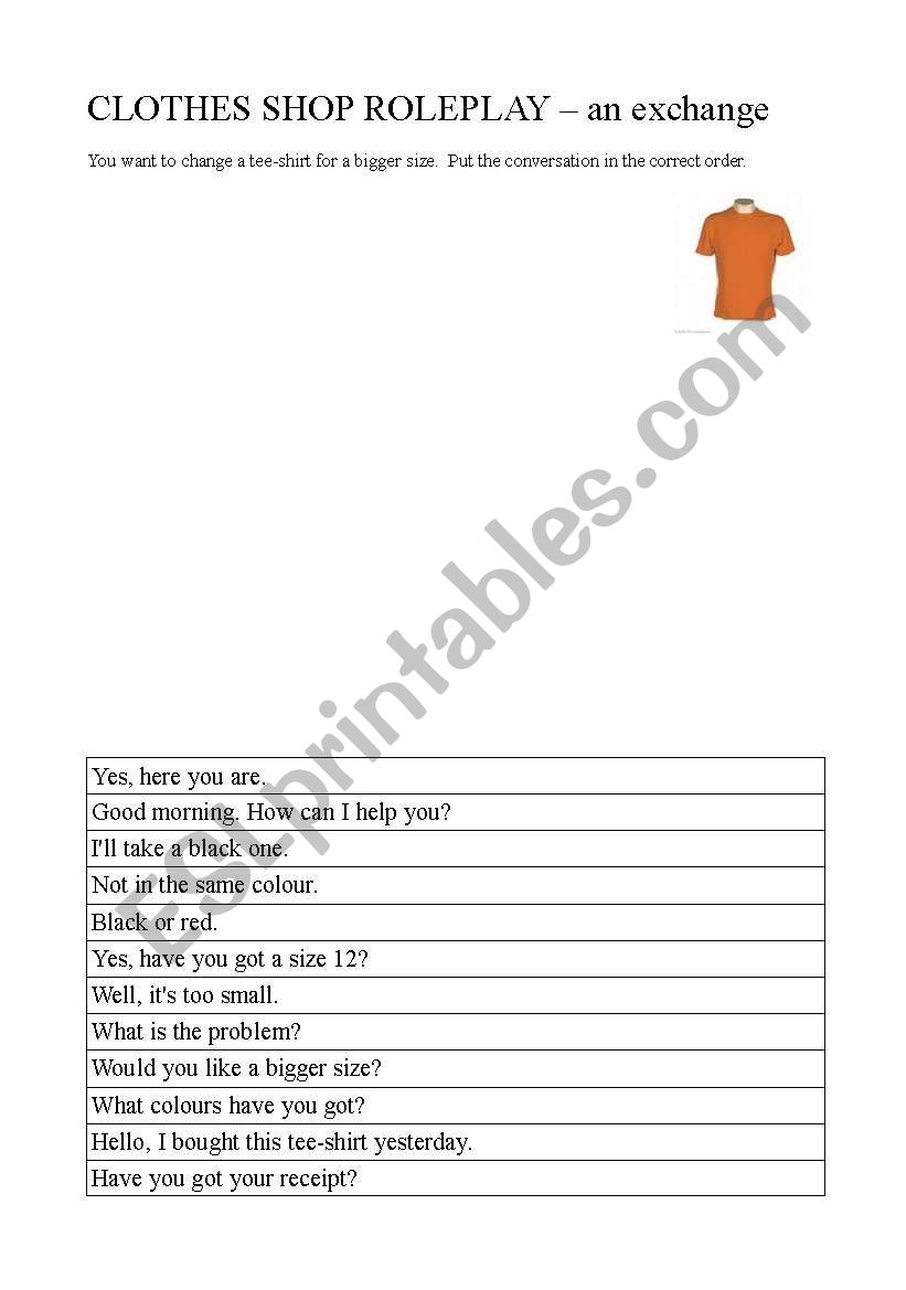 English worksheets: exchanging clothes shop roleplay