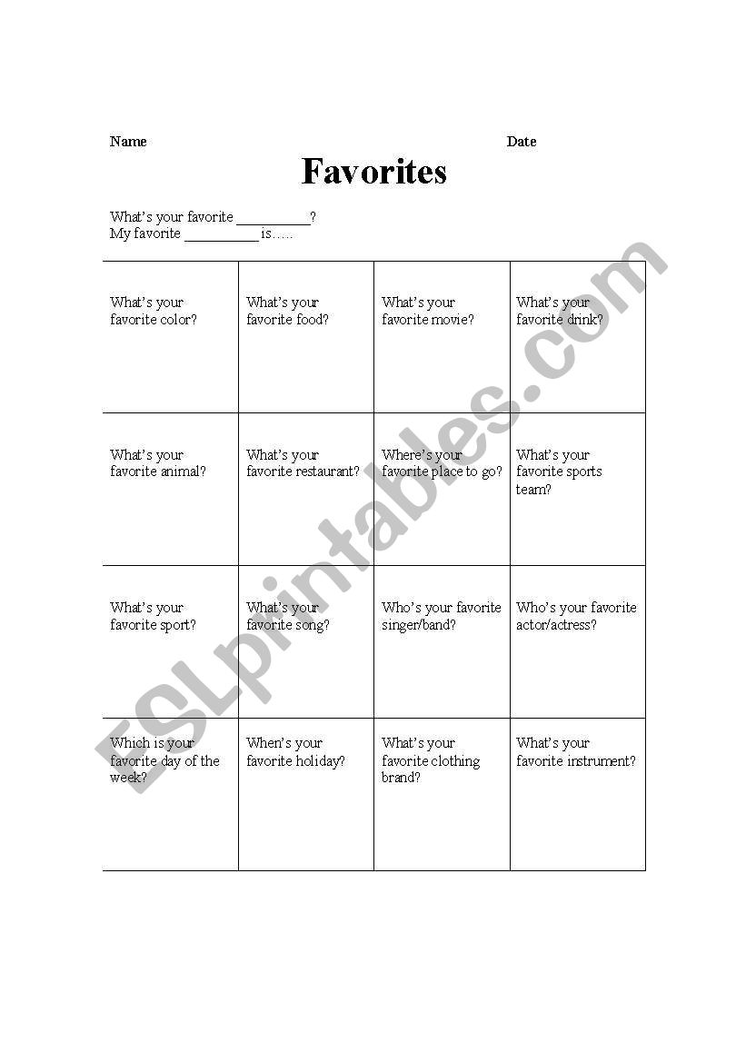 Favorites worksheet