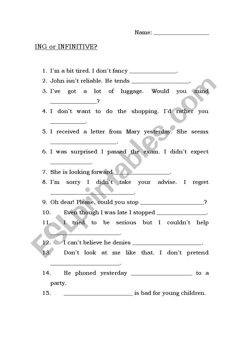 ING or INFINITIVE? worksheet