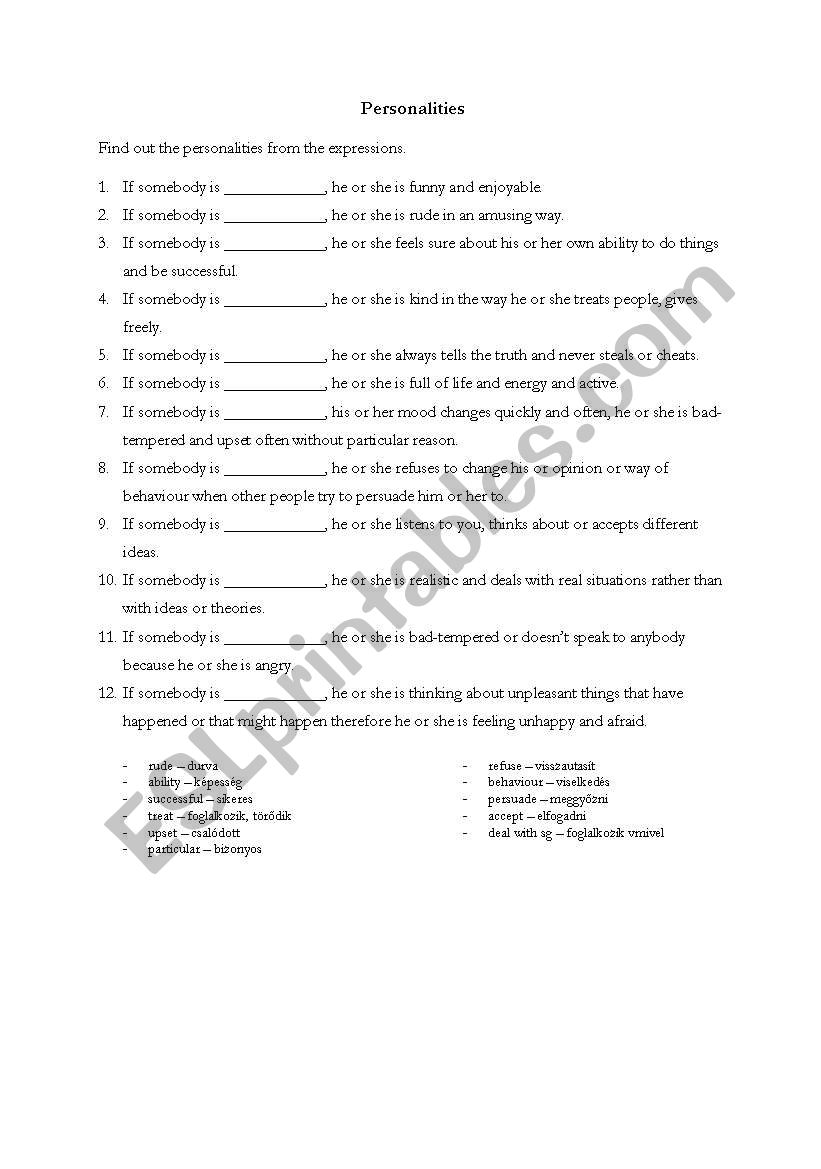 personalities worksheet