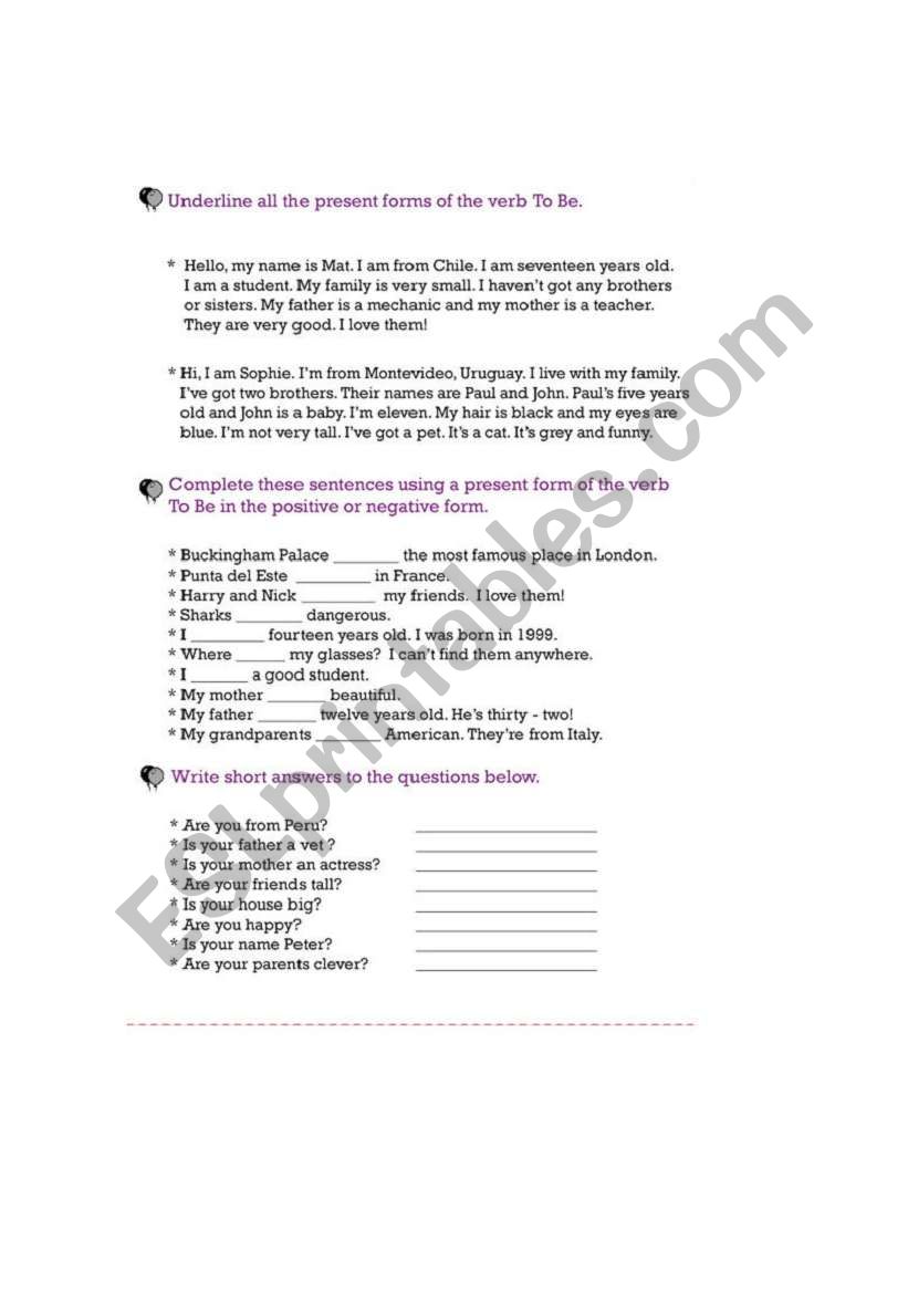 verb to be worksheet