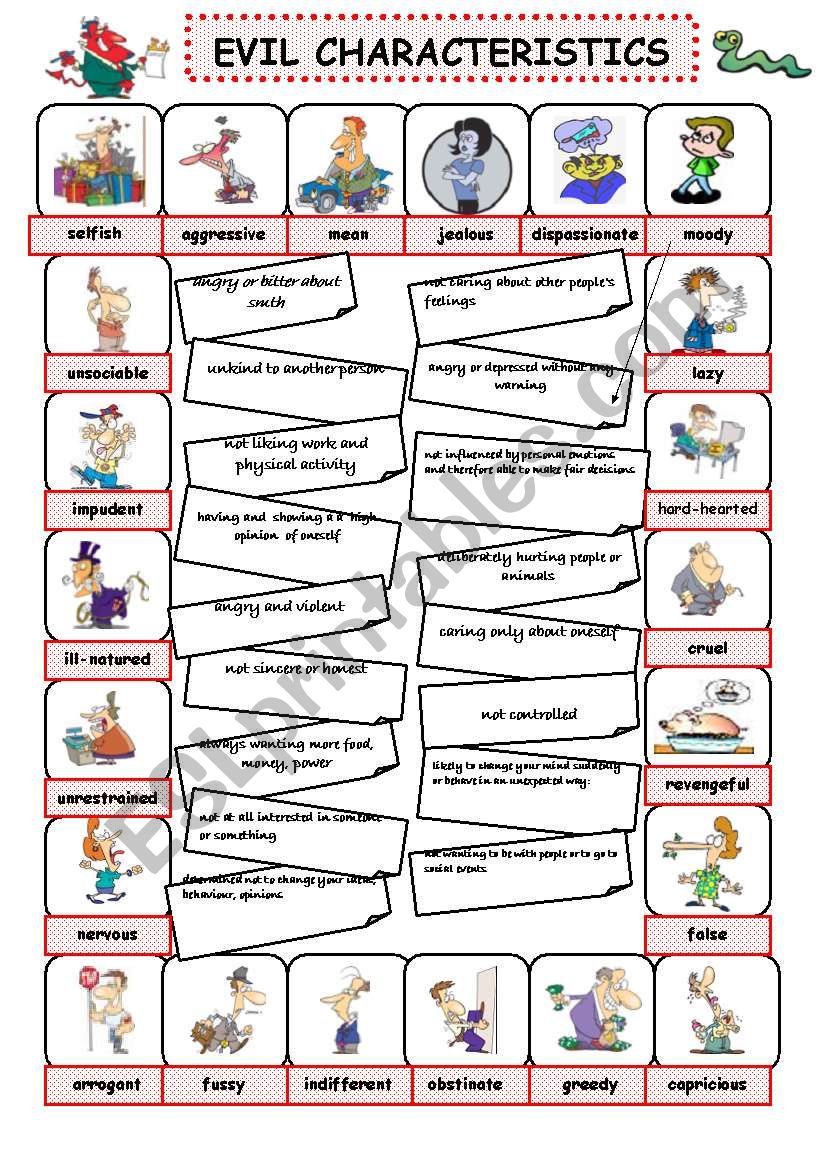 EVIL CHARACTERISTICS worksheet