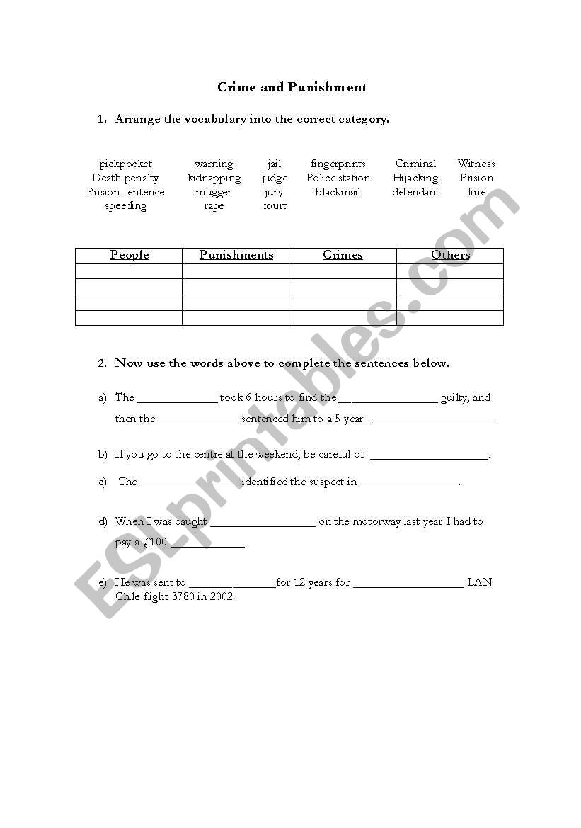 Crimes and punishment worksheet