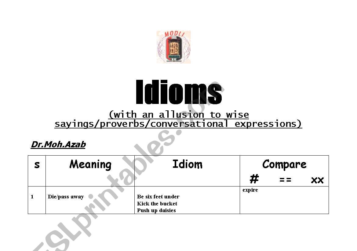 book of idioms worksheet
