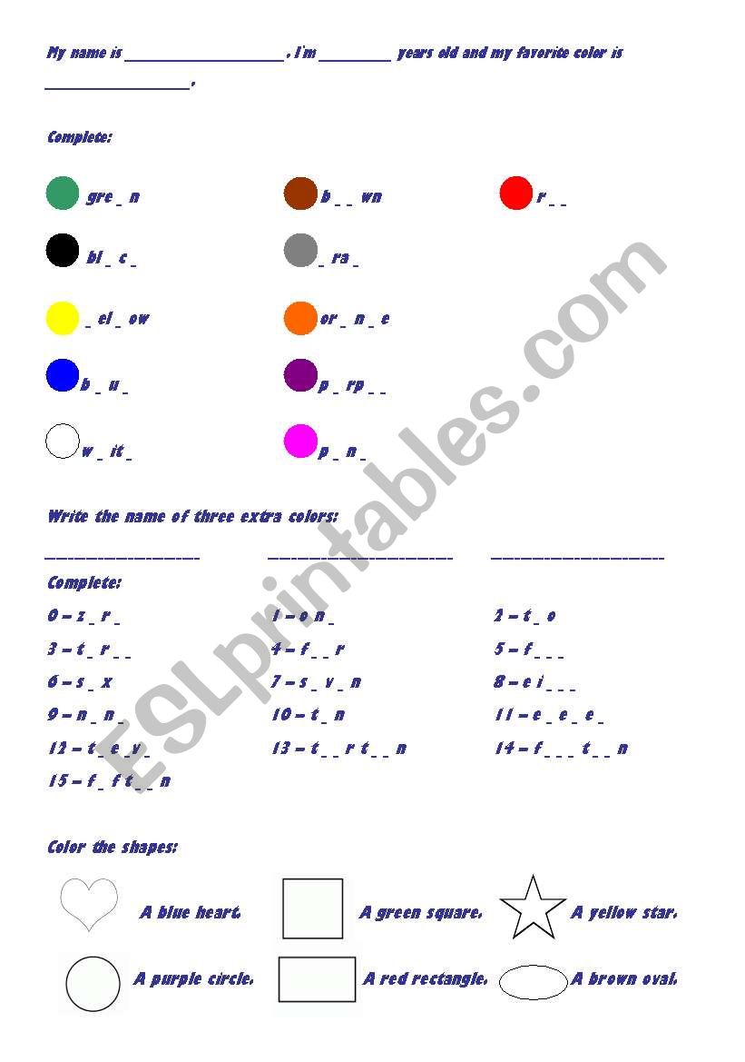 Colors, numbers & shapes worksheet