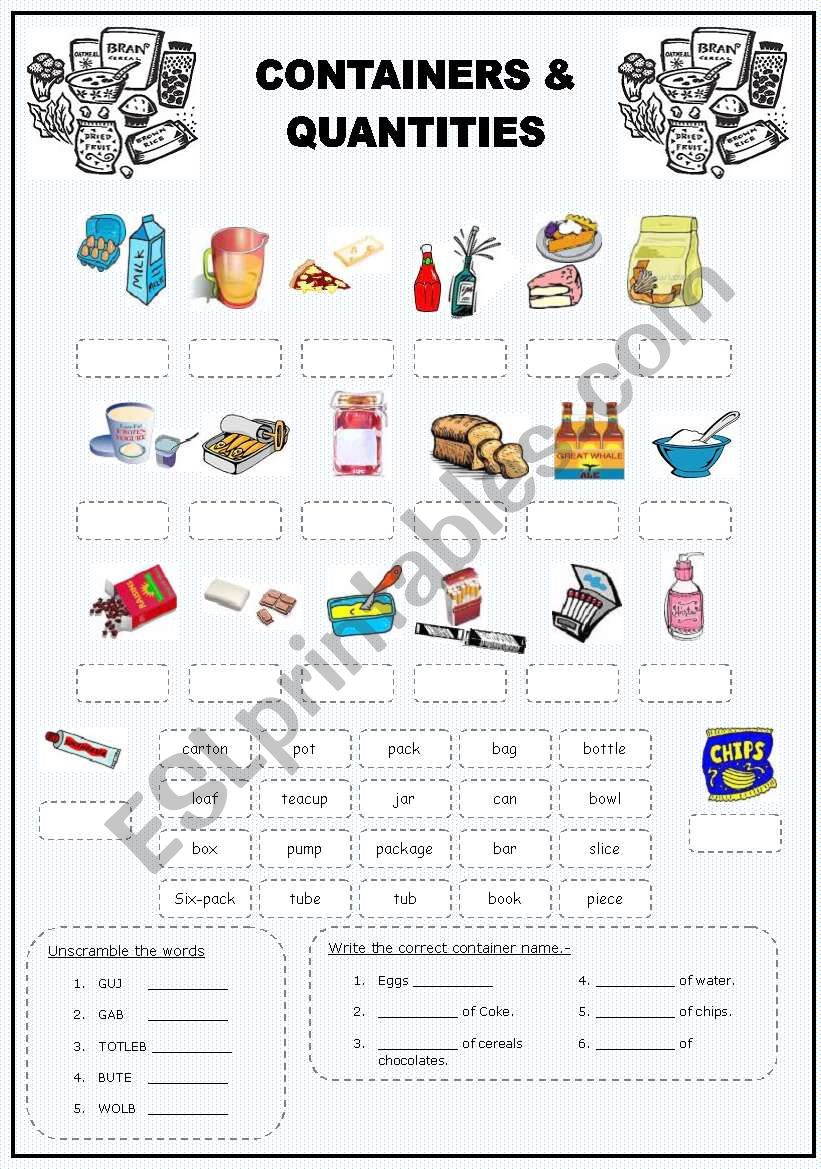 Food Containers & Quantities worksheet