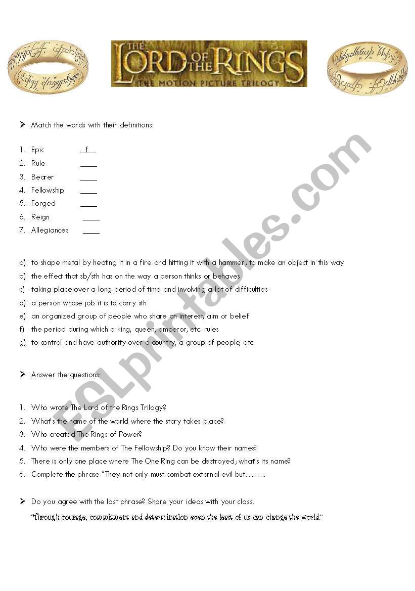 Lord of the Rings Reading WORKSHEET