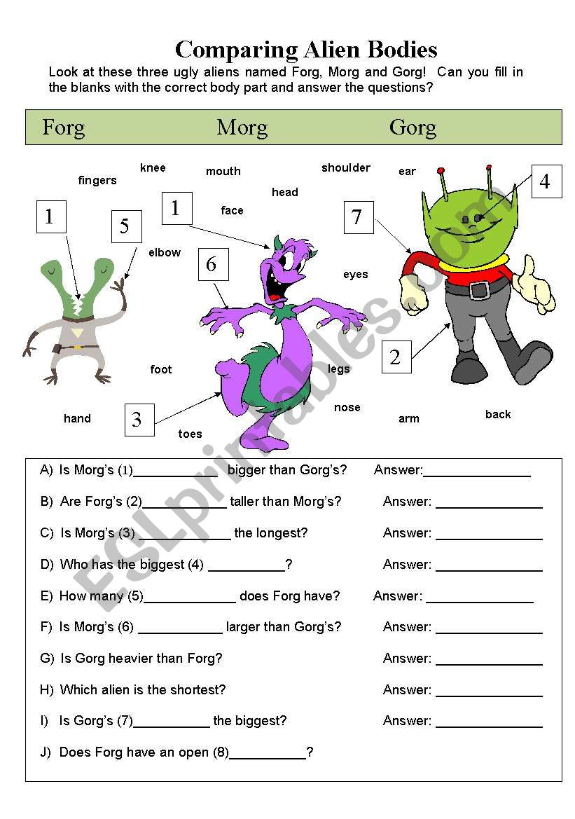 Comparing Alien Bodies worksheet