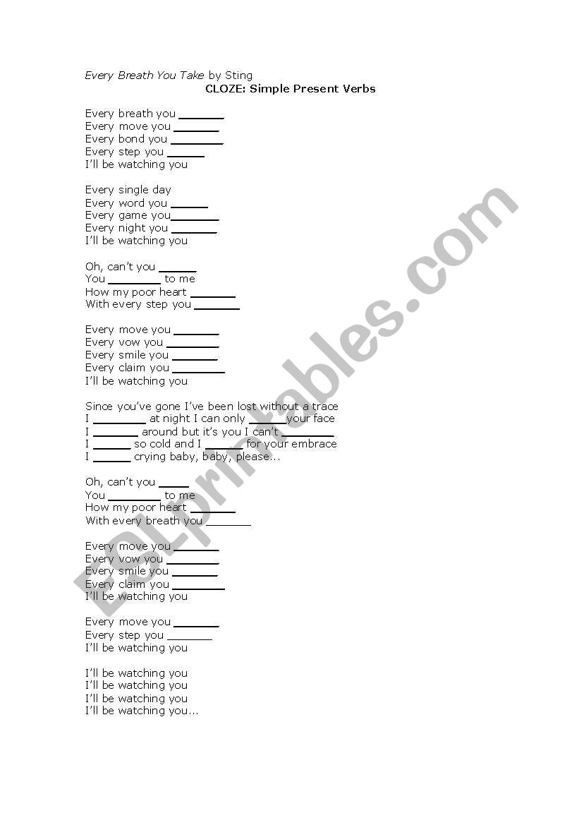 Every Breath You Take Cloze worksheet