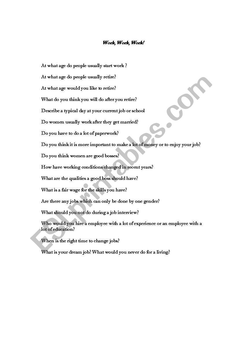 Conversation Class: Work worksheet