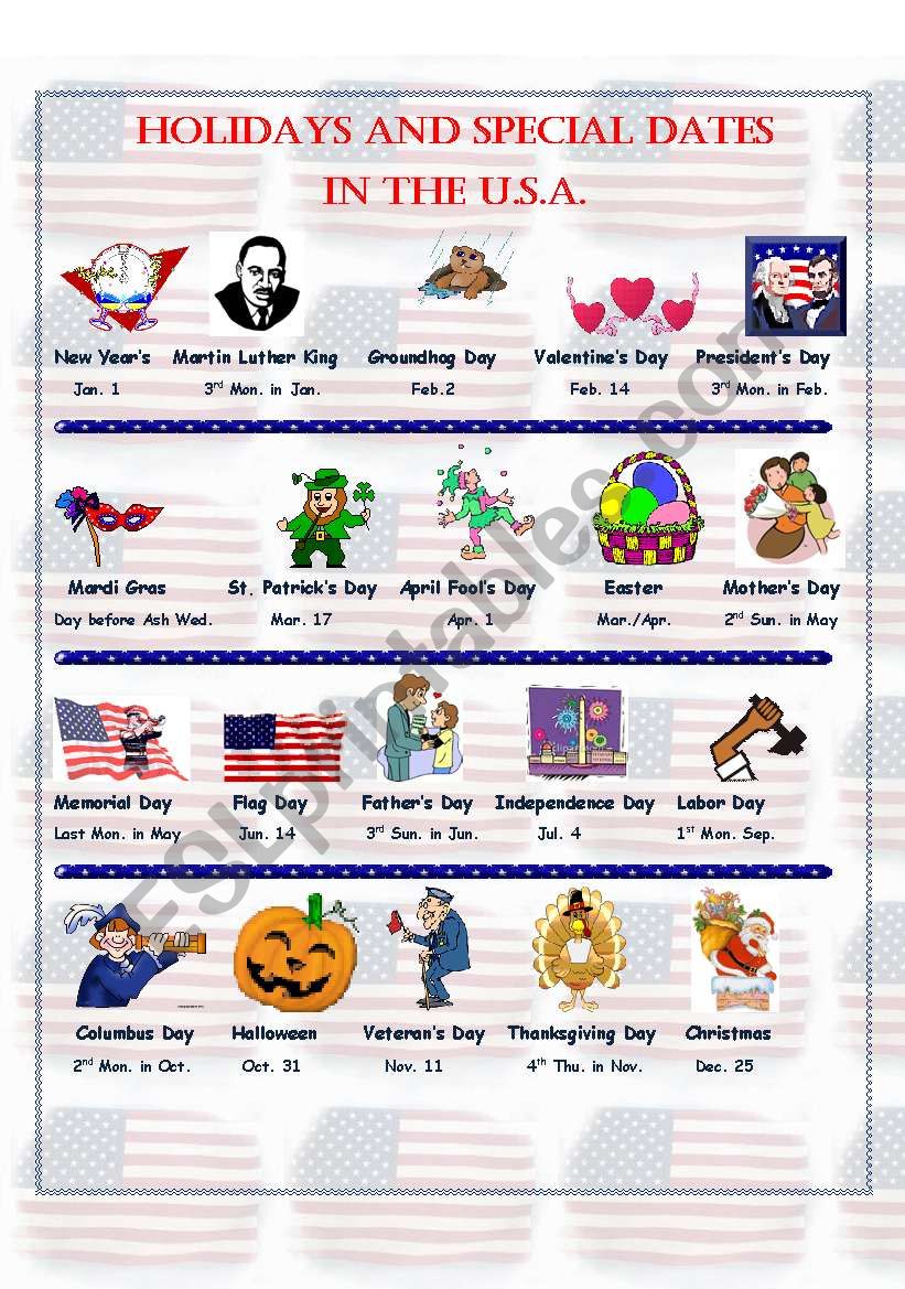 Holidays and Special Dates in the U.S.A. - Pictionary