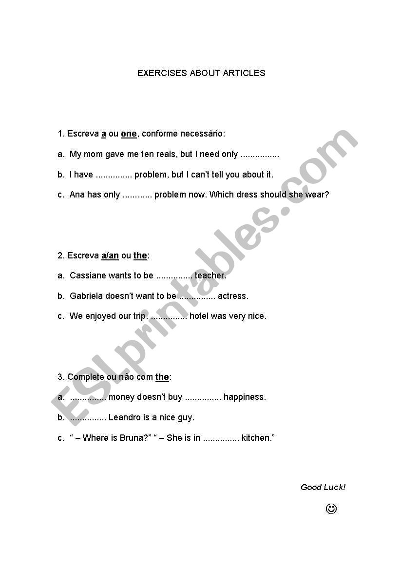 EXERCISES ABOUT ARTICLES worksheet