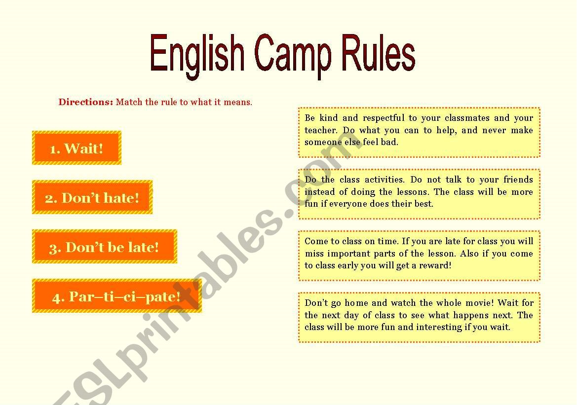 English Camp Rules worksheet