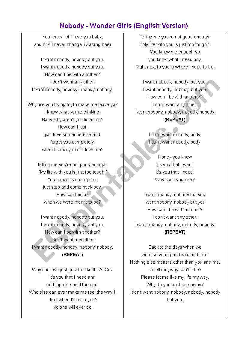 English Worksheets Nobody But You English Version Lyrics