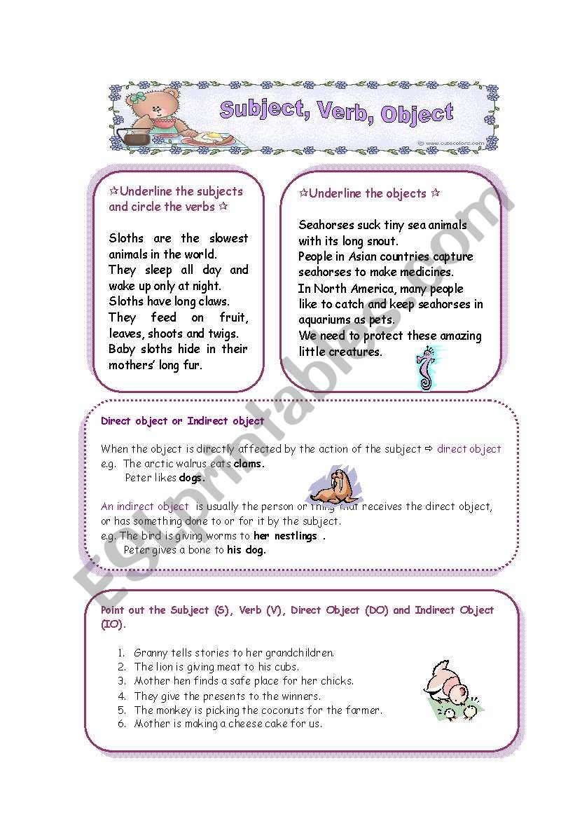 Worksheets Subject Verb Object