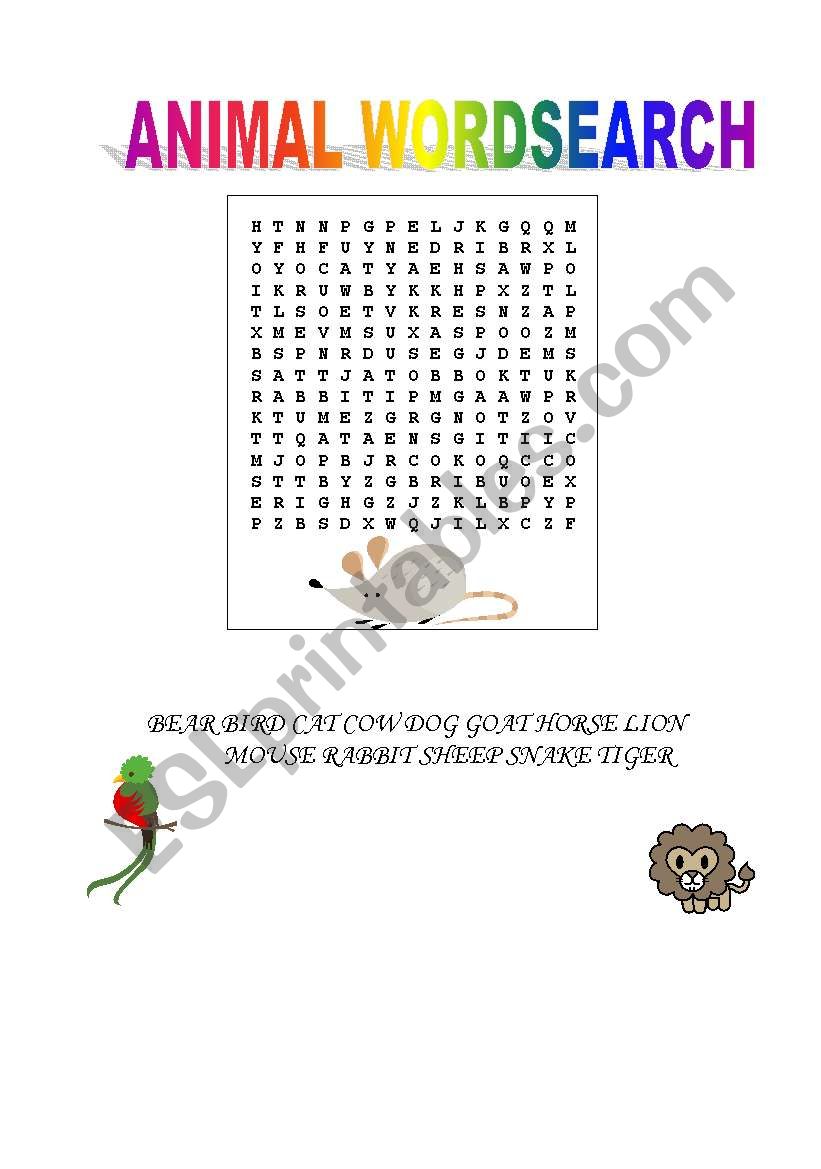 Animal wordsearch worksheet