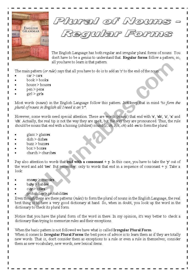 Plural of nouns - explanation worksheet