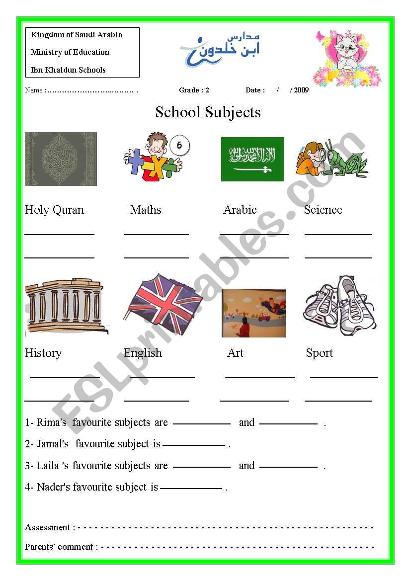 school subjects worksheet