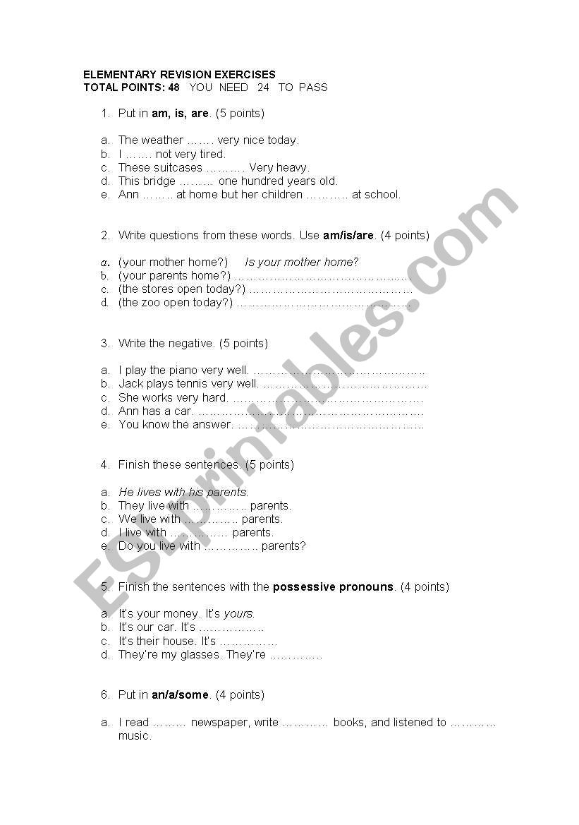 Elementary revision exercises worksheet