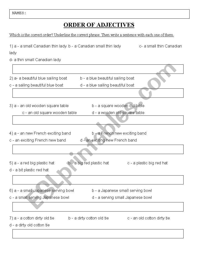 ORDER OF ADJECTIVES worksheet