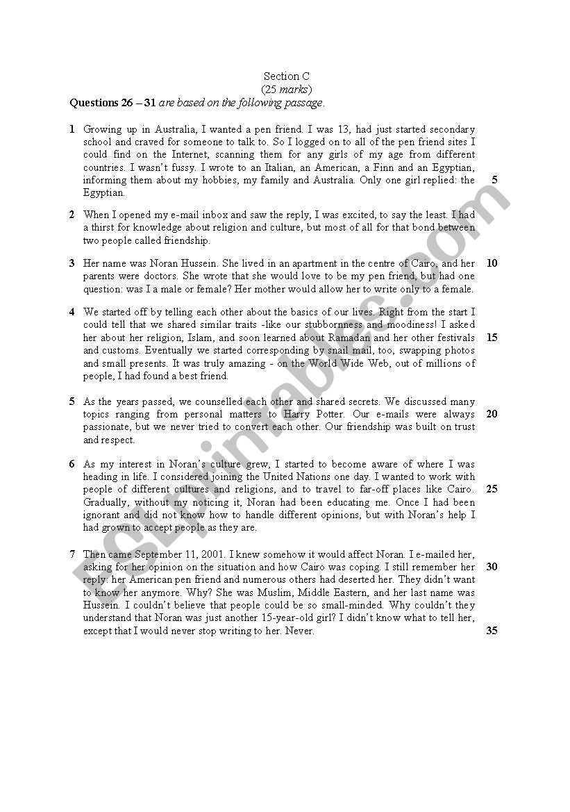 Reading COmprehension worksheet