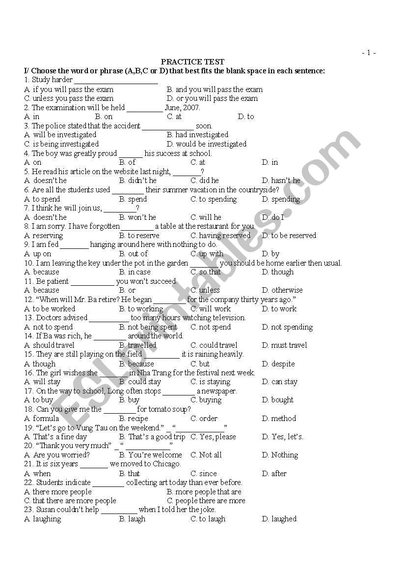 Multiple choice test for practice plus comprehensive grammar