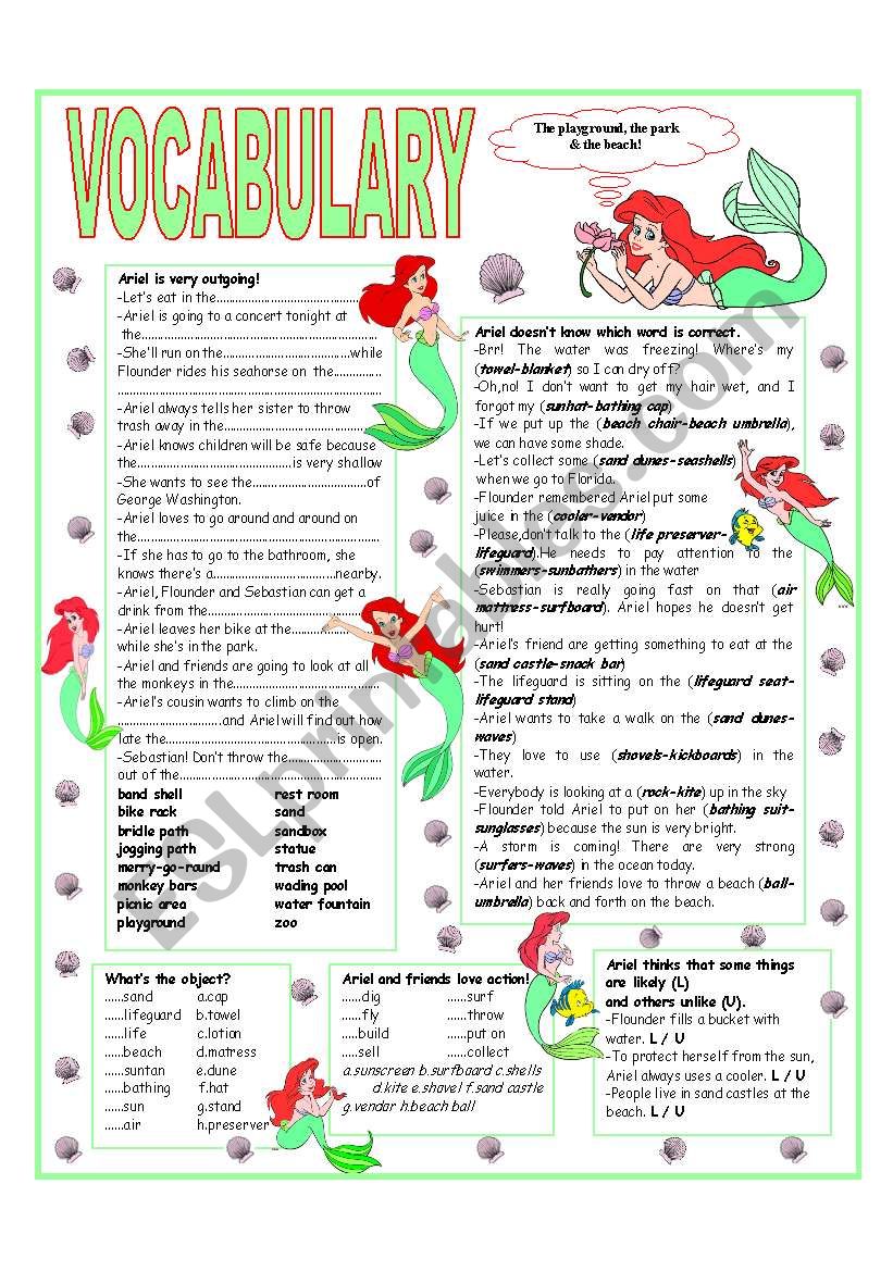 Â´RECYCLING VOCABULARYÂ´ - TOPIC: THE PARK  - THE PLAYGROUND & THE BEACH - Elementary & up.