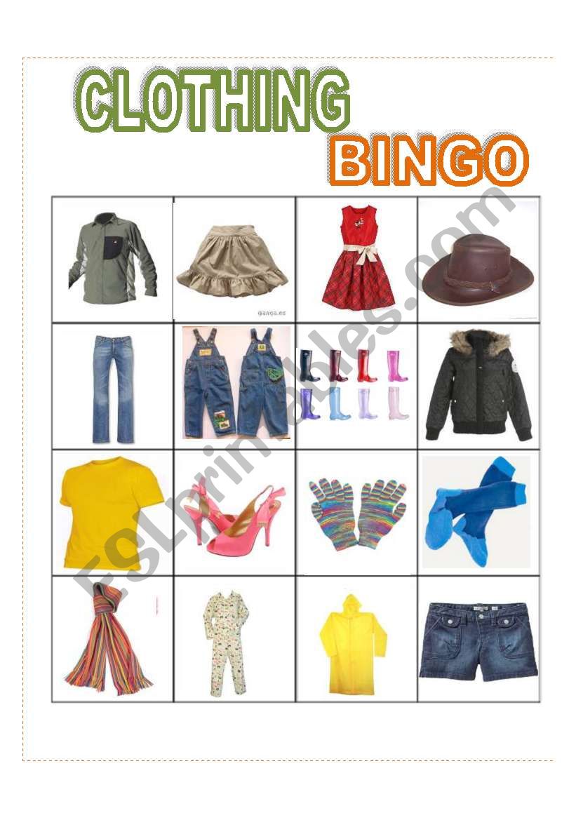 Clothing Bingo option 1 worksheet