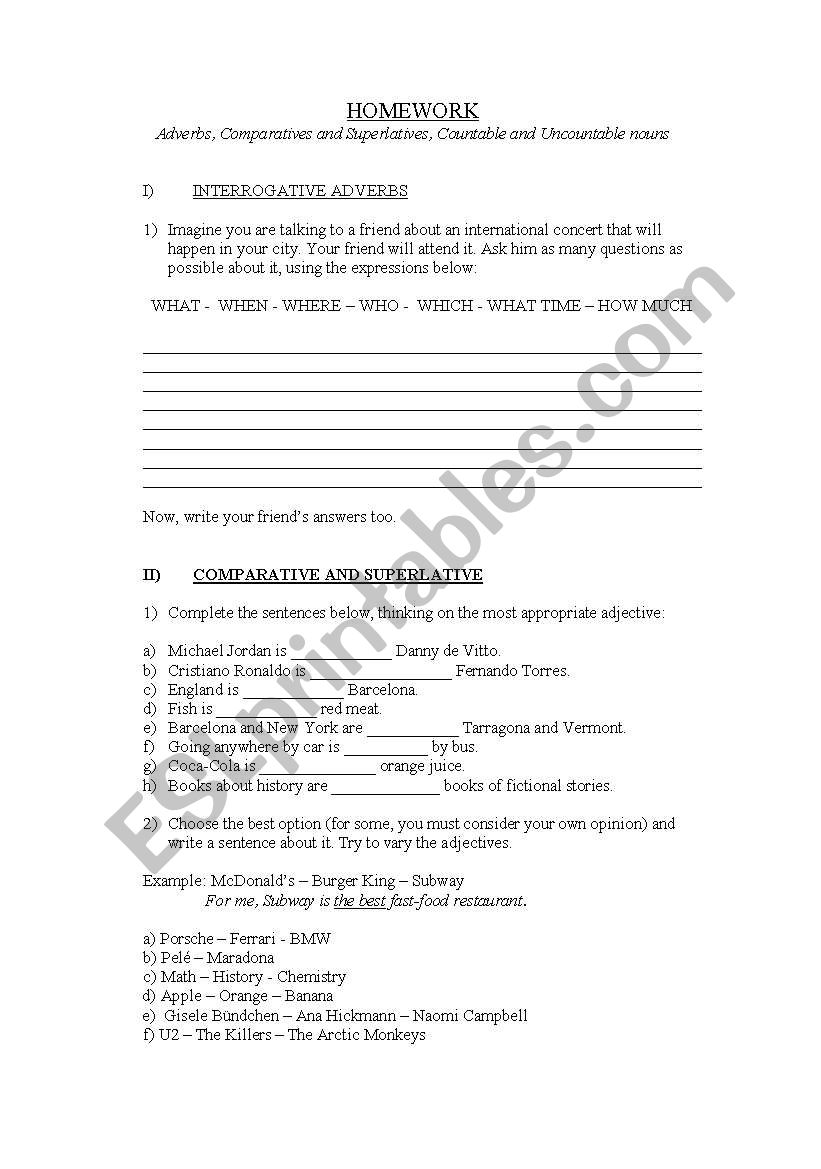 General Exercises - Elementary Level - Comparative and Superlative, Countable and Uncountable Nouns, Question Words