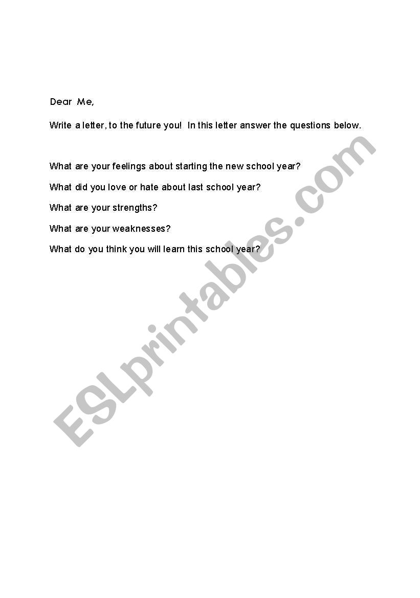 Dear Me Letter 1st day Intro worksheet