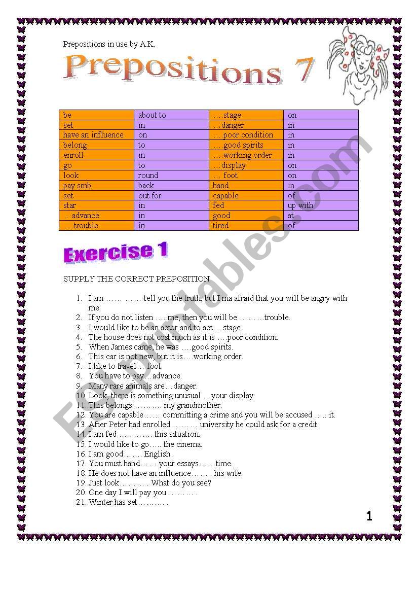 5 pages of exercises on prepositions