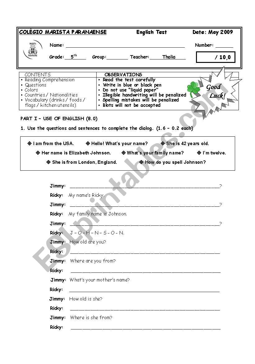 5th GRADE TEST - FOUR PAGES WITH A GREAT VARIETY OF QUESTIONS