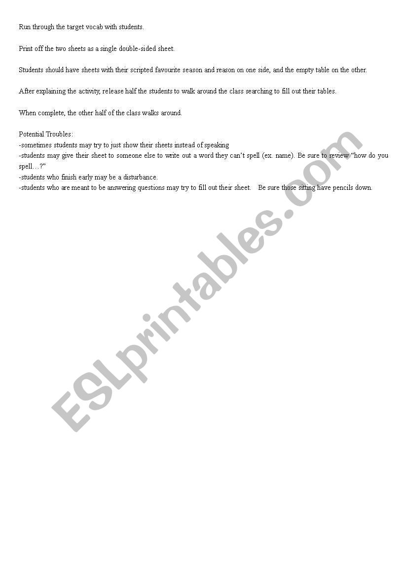 Favourite seasons and why worksheet